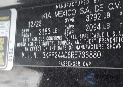 2024 Kia Forte Lxs из США, поврежденный, VIN 3KPF24AD6RE736880